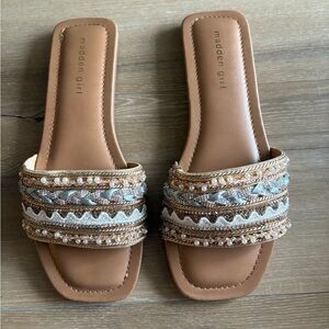 Madden Girl Women's Tan and Blue Embellished Slide Sandals